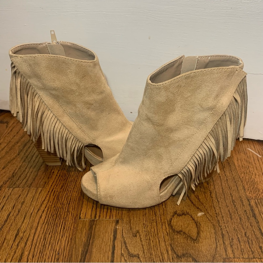 Qupid beige Fringe faux suede Peep Toe Heeled Ankle Booties.